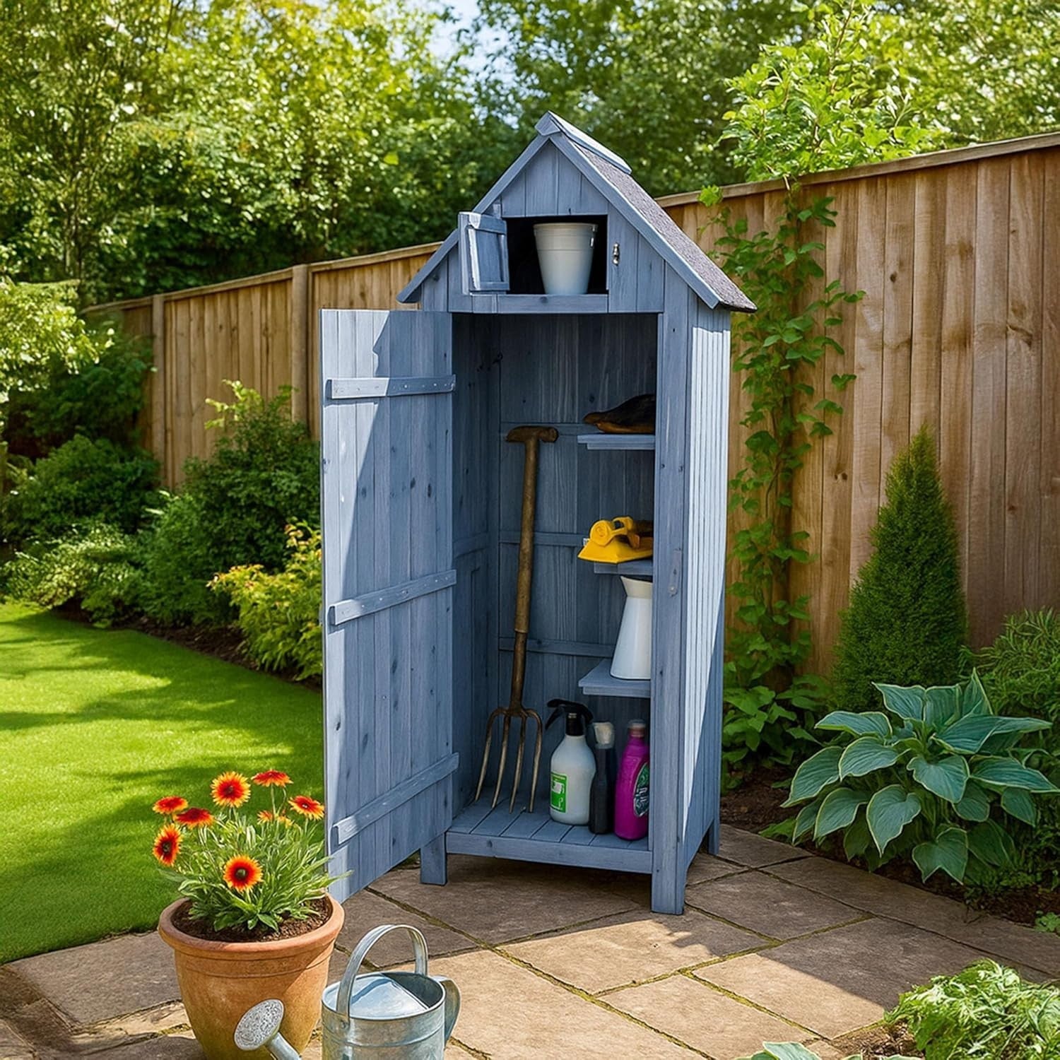 Blue Wooden Garden Tool Cabinet Shed with Lockable Shelves & Storage