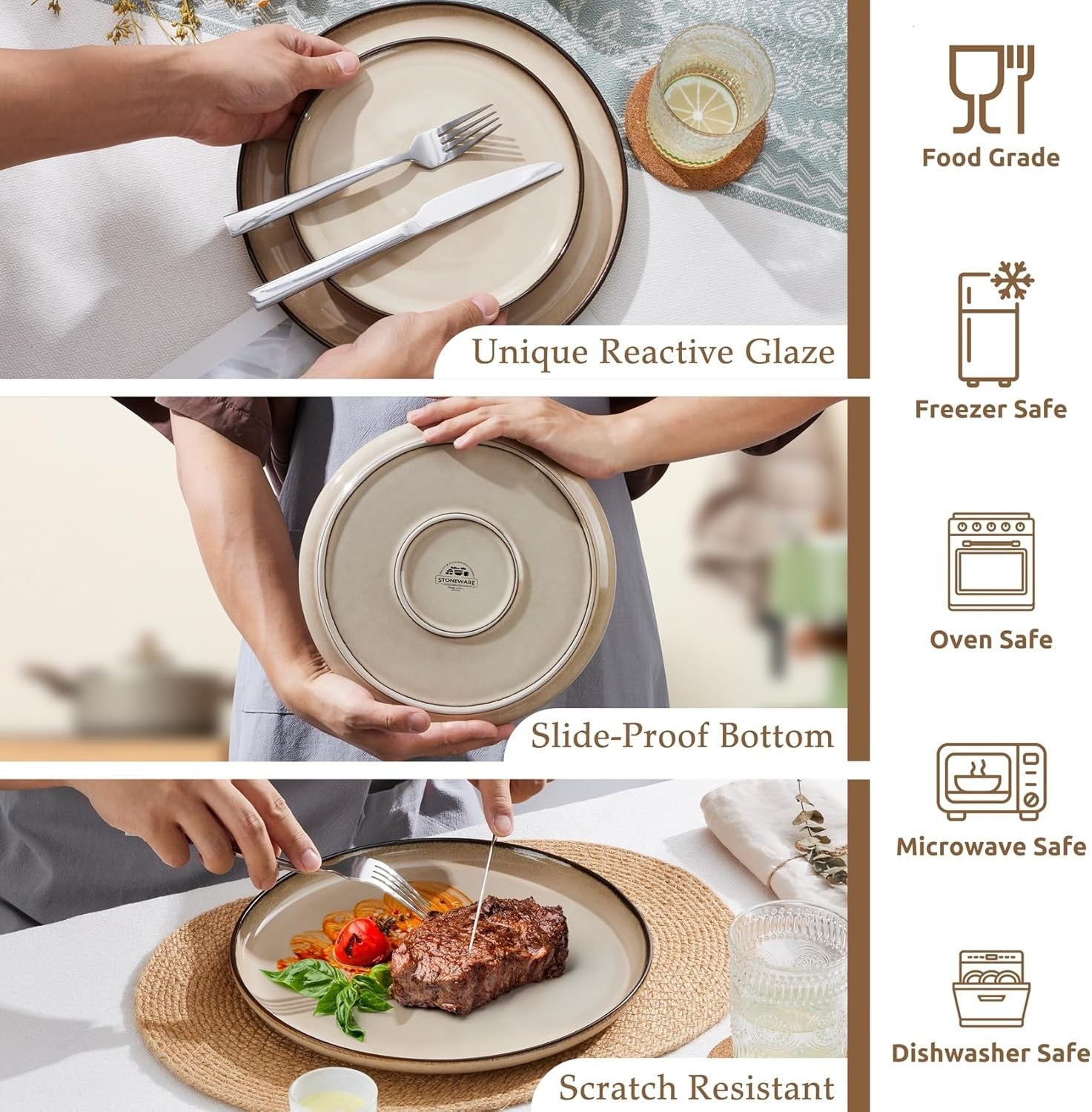 12pc Stoneware Dinner Set Latte Khaki Plates Bowls Reactive Glaze