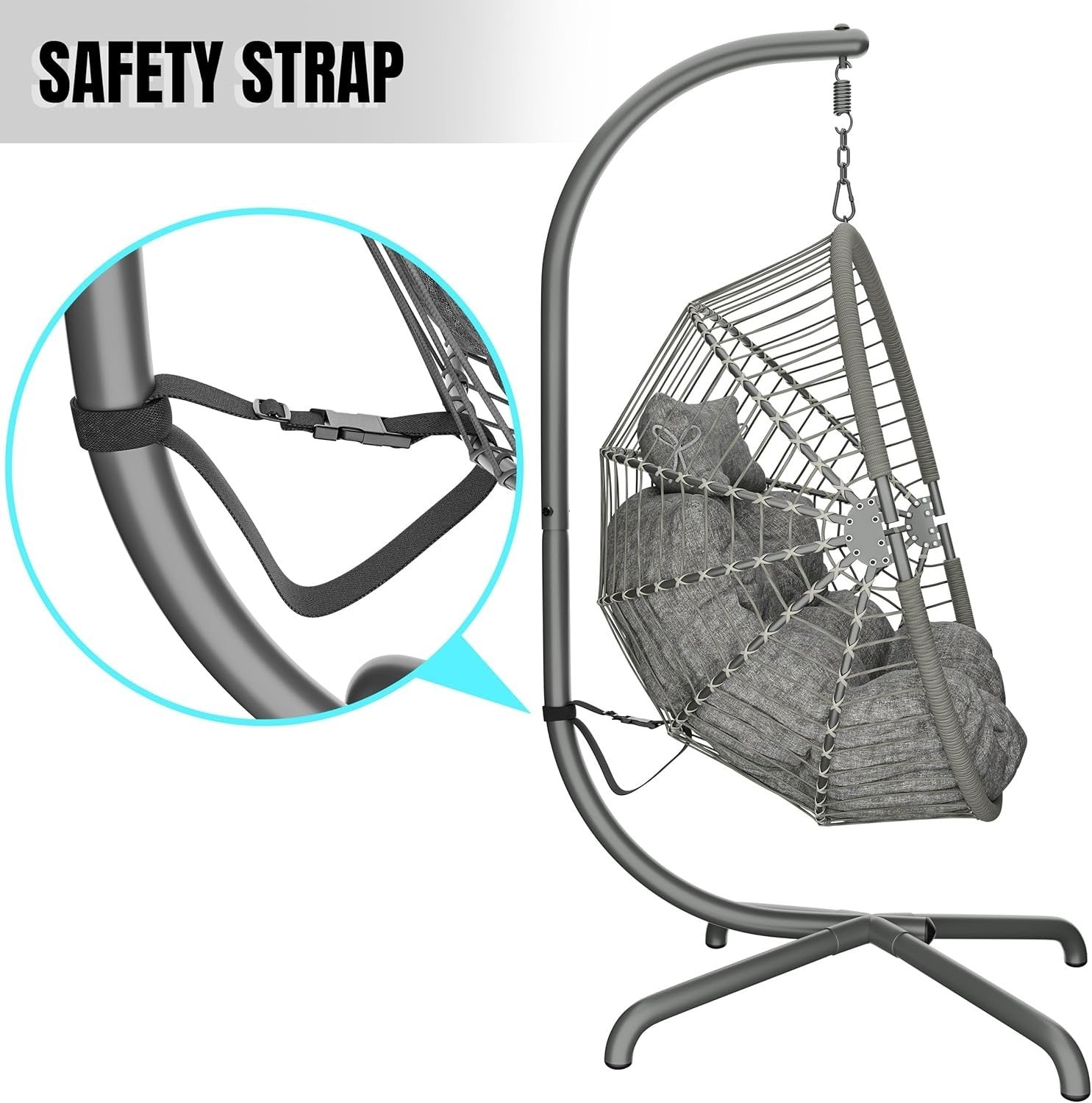 Foldable Rattan Hanging Egg Chair with Stand & Cushion for Indoor Outdoor