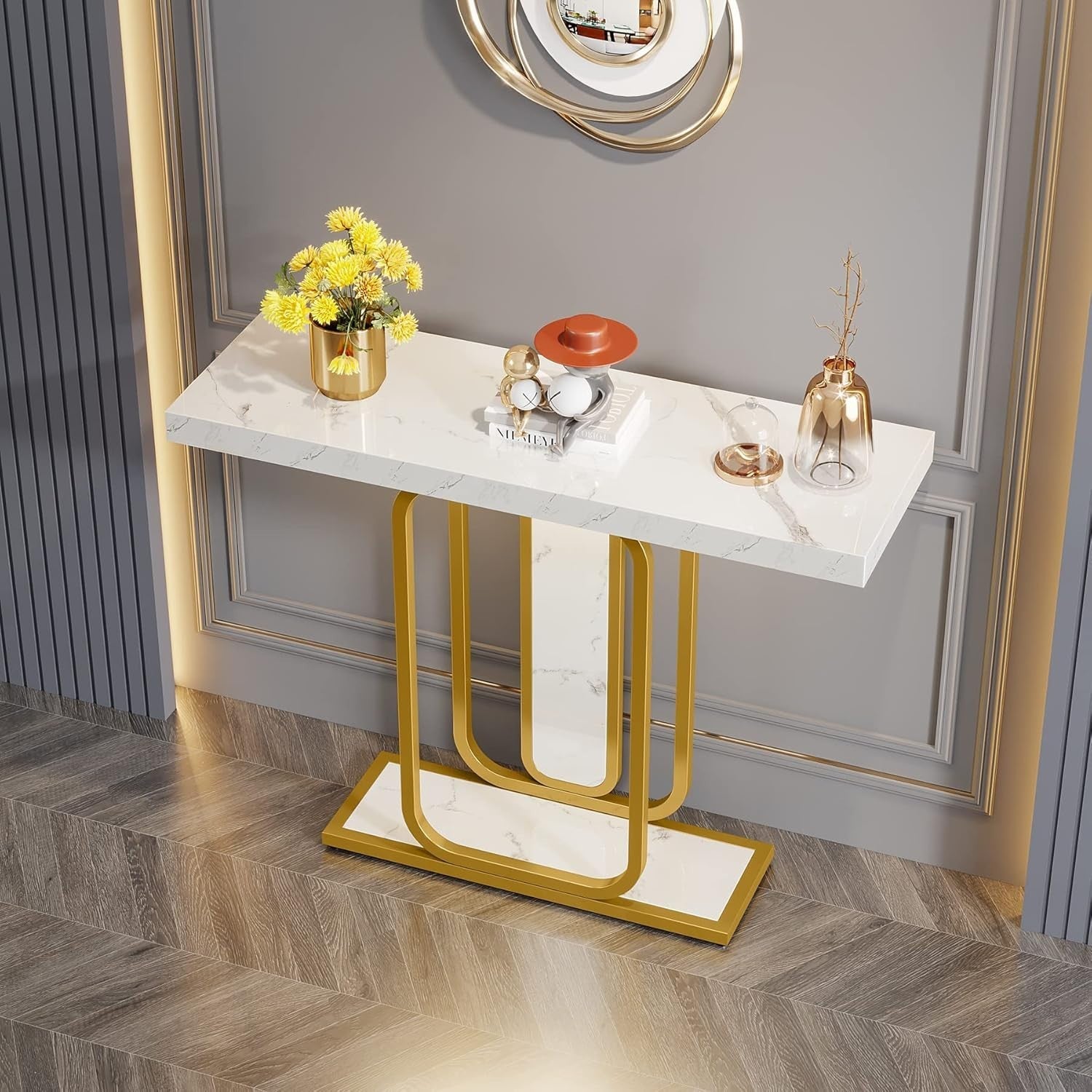Modern White & Gold Console Table 41.3" Entryway, Faux Marble, Sturdy Metal Legs