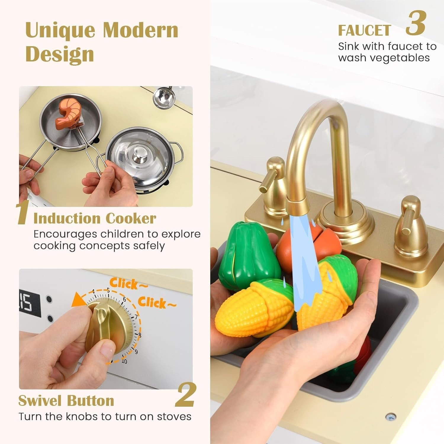 Wooden Kids Play Kitchen White Ice Maker Dishwasher Cooking Toy