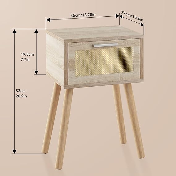 Set of 2 Natural Bedside Tables with Rattan Drawer & Wood Legs, Modern