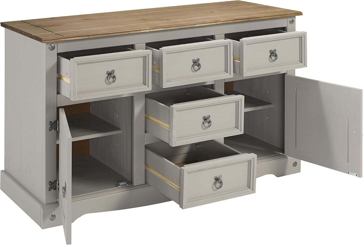 Grey 5-Drawer Sideboard with Antique Wax Top – Rustic Storage for Living Room