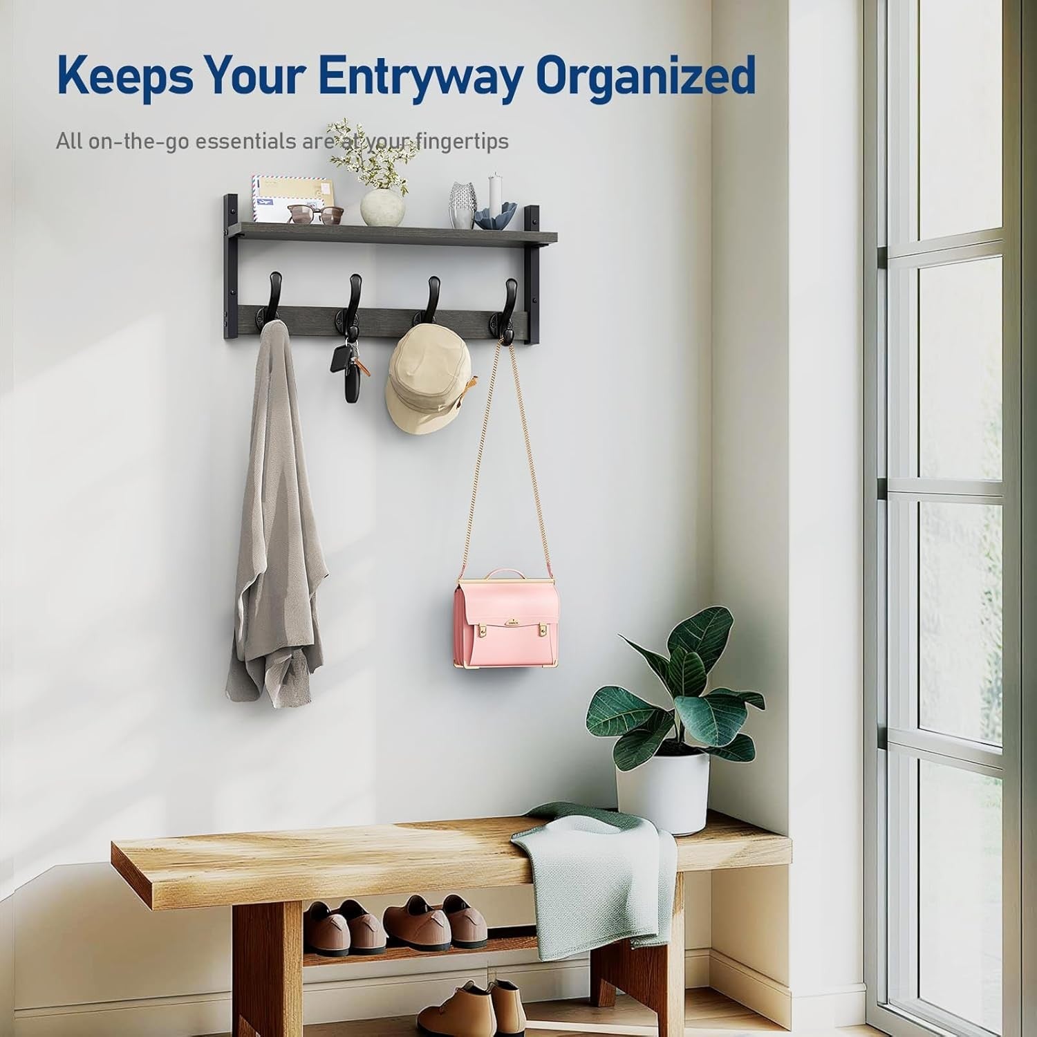 Wall Mounted Coat Rack with Shelf 20” | Rustic Ebony Hooks for Entryway