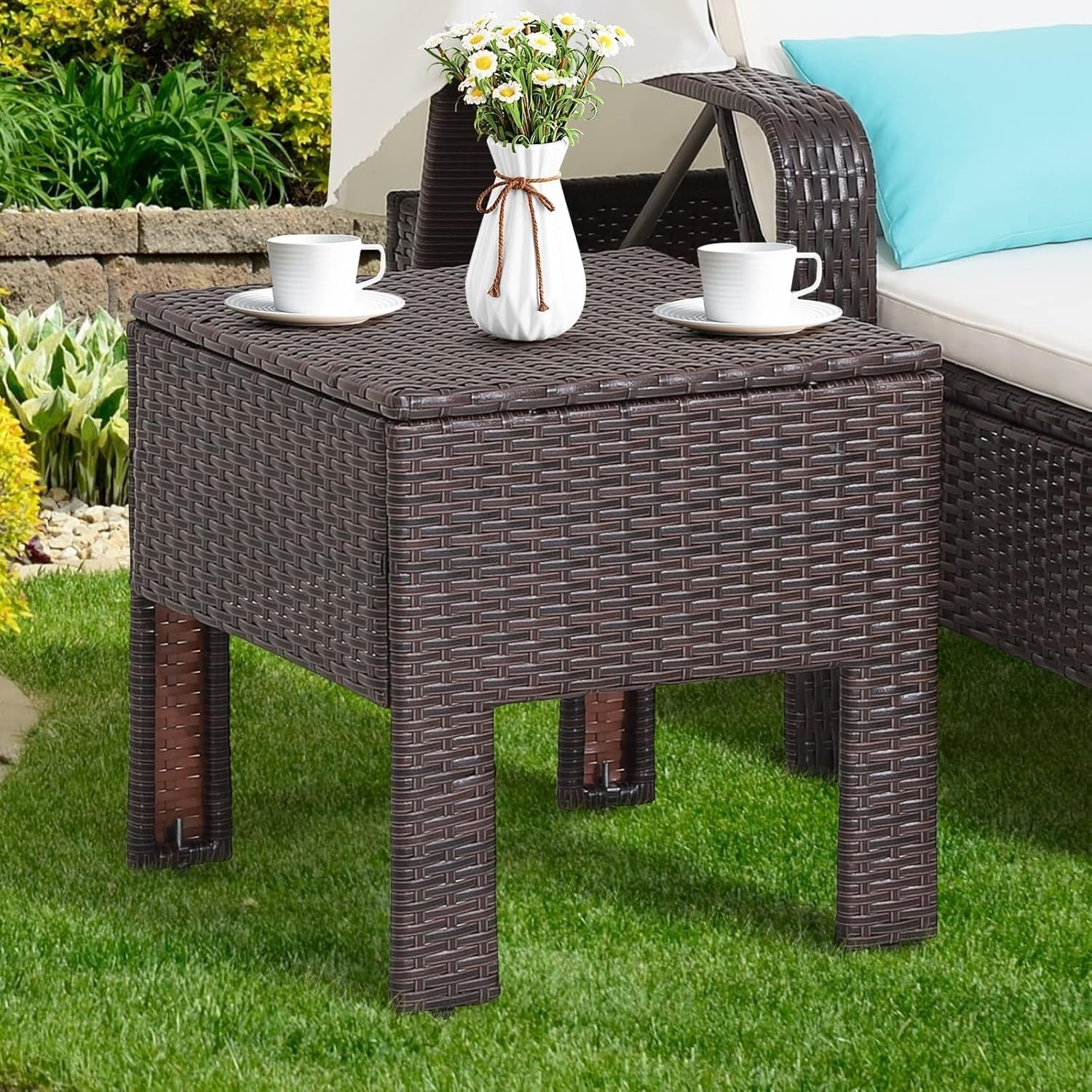 Adjustable 6-Position Rattan Sun Lounger with Canopy, Cushion & Side Table