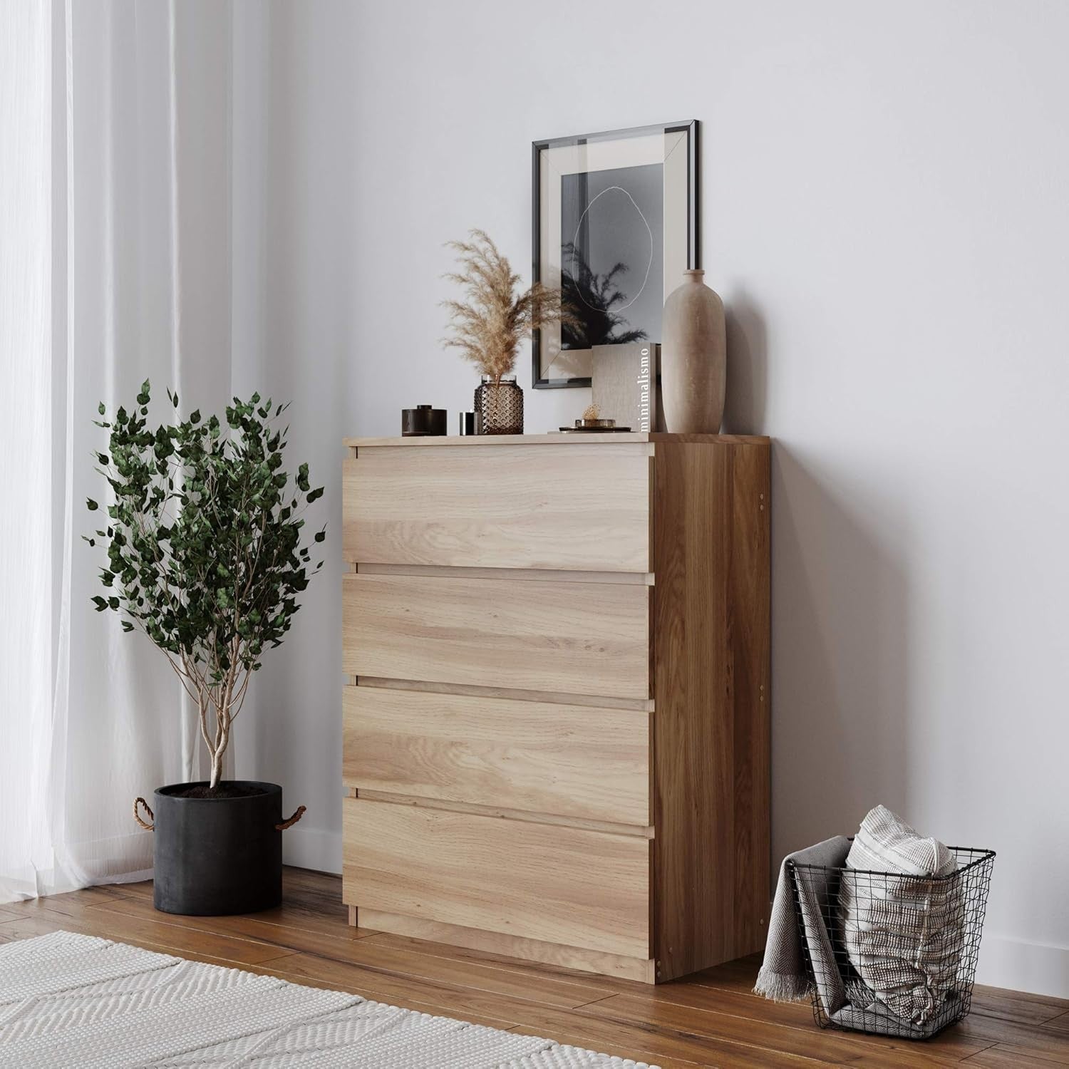 Tall Oak Chest of 4 Drawers Bedroom Storage Unit Modern No Handle Cabinet