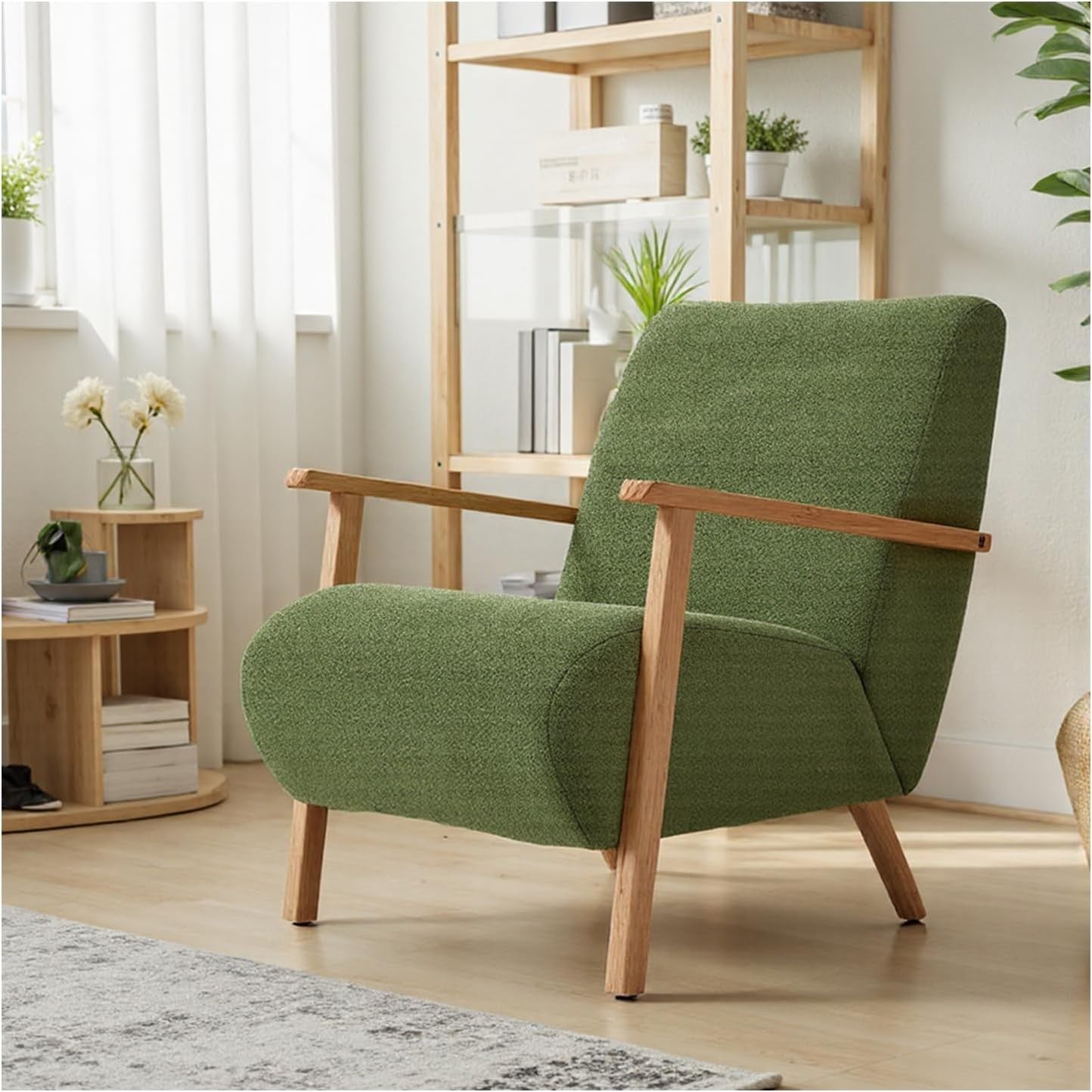 Green Chenille Accent Armchair Solid Wood Frame Lounge Chair