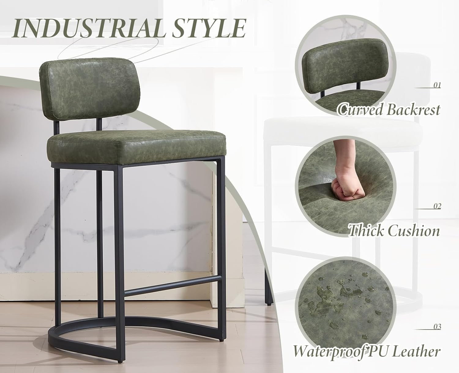 PU Leather Bar Stools Set of 2 Green Modern Counter Height Chairs