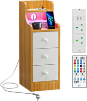 Slim Oak 3 Drawer Bedside Table with RGB LED Lights & Charging Station