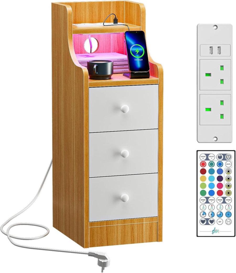 Slim Oak 3 Drawer Bedside Table with RGB LED Lights & Charging Station
