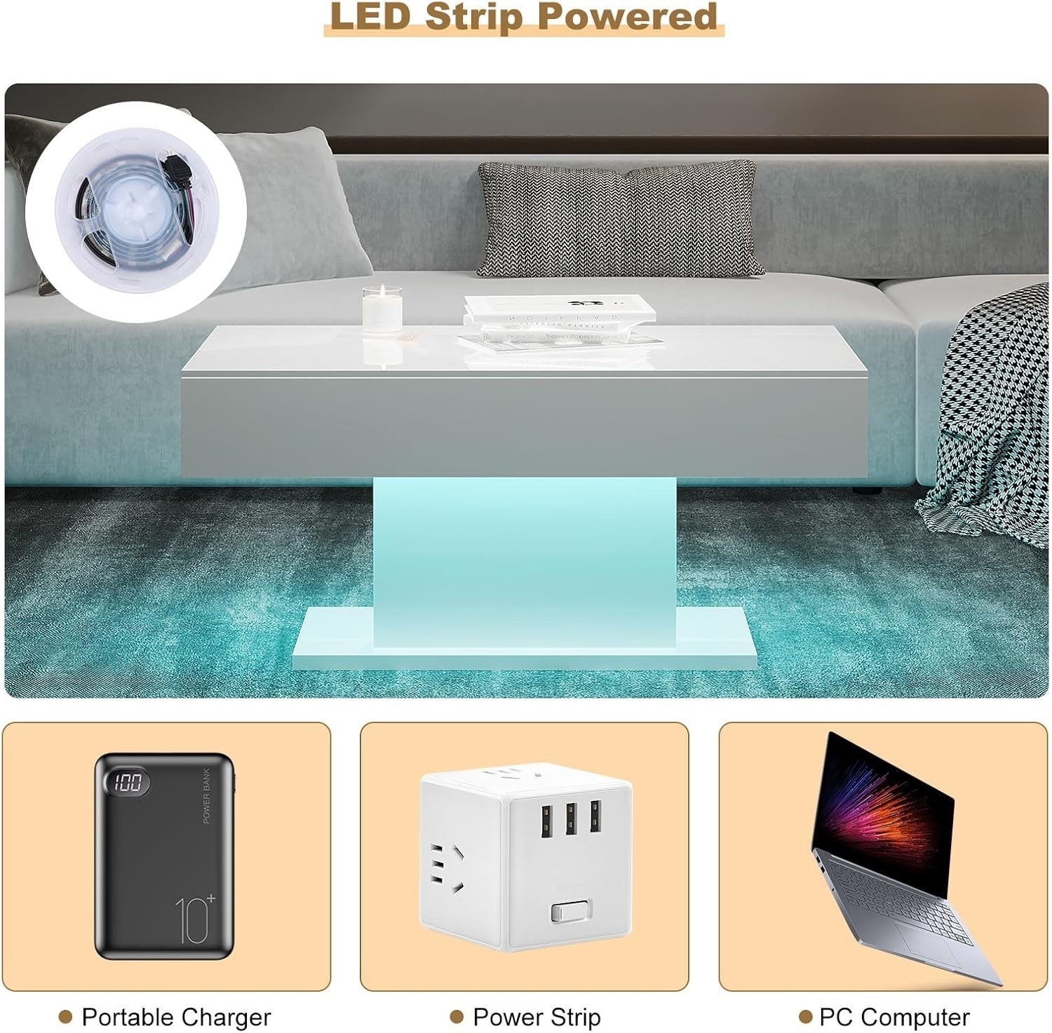 Modern White LED Coffee Table, High Gloss Rectangular 110x55cm