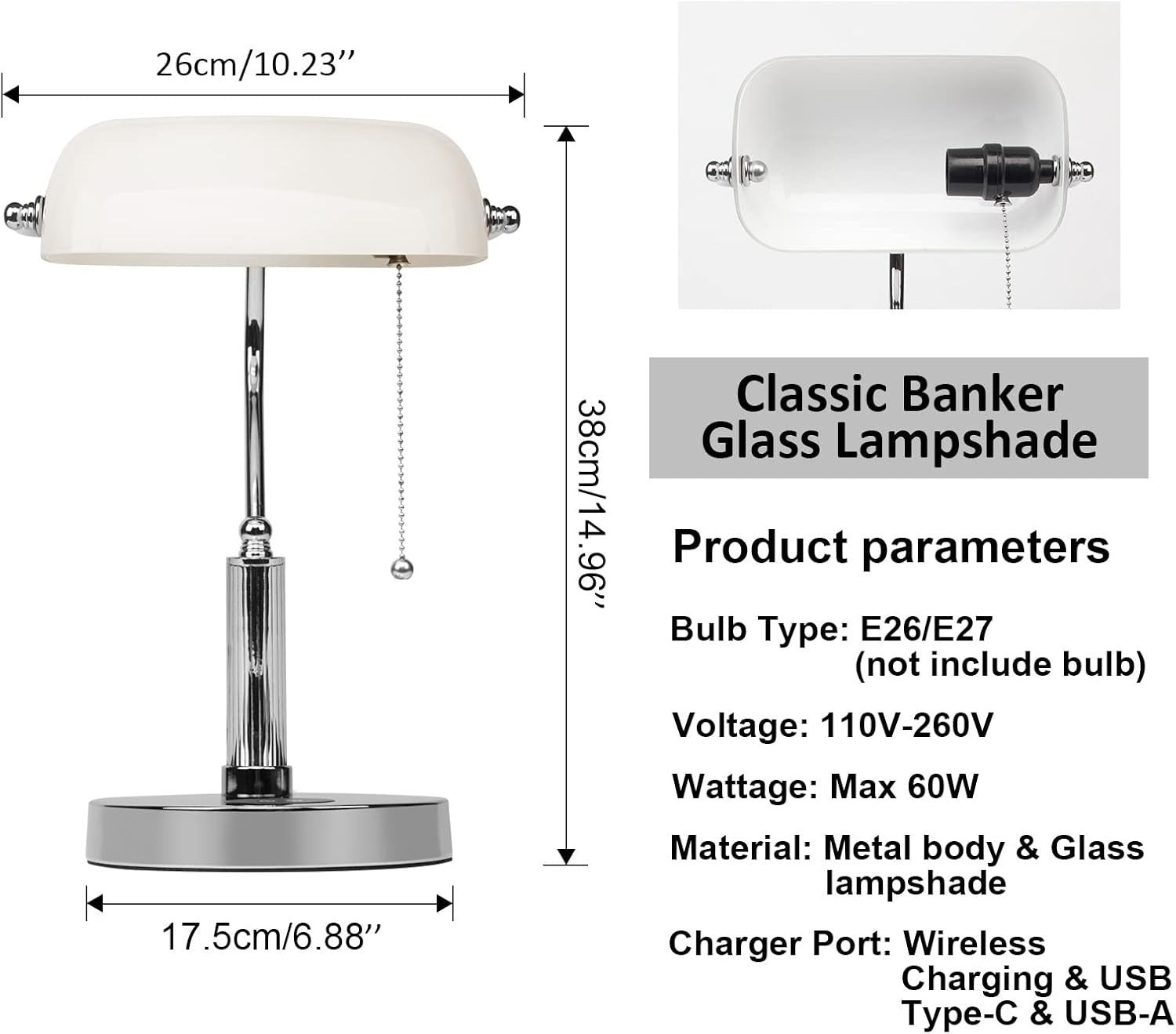 White Glass Desk Lamp with Wireless Charger & USB Port, Study Room Light