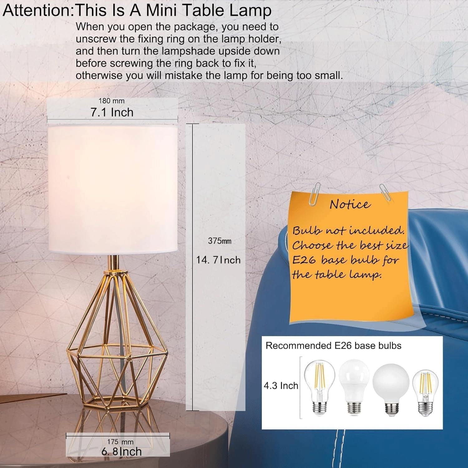 Gold Modern Small Table Lamp with Geometric Base & White Fabric Shade