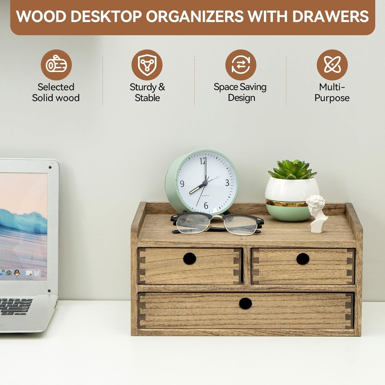 Wooden Desk Organizer with Drawers & Shelf | Home Office Storage Box