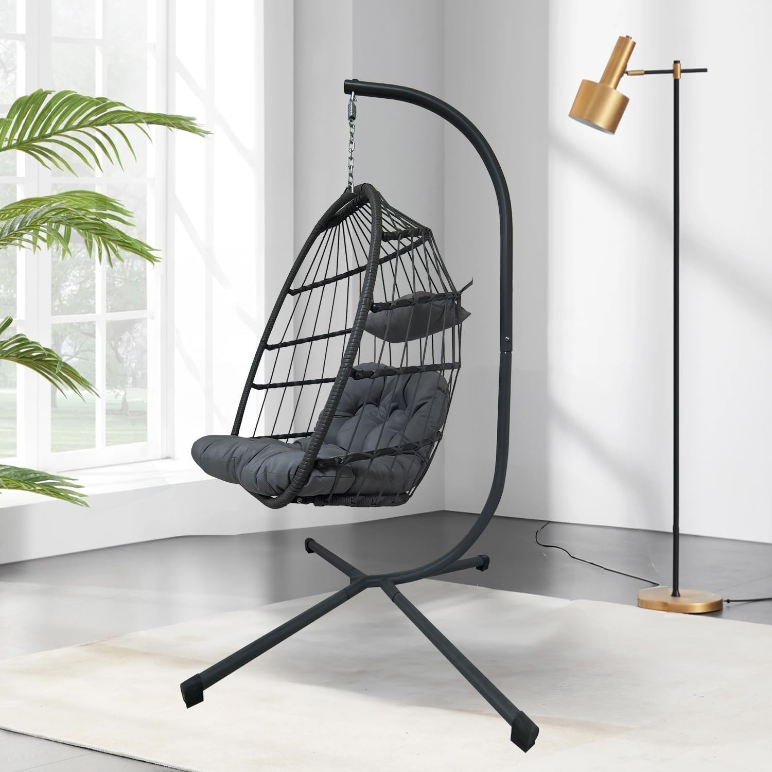 Foldable Rattan Hanging Egg Chair with Cushion for Indoor Outdoor (Light Grey)