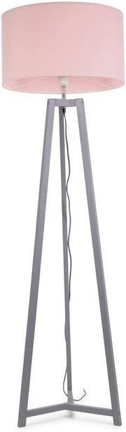 Grey Wooden Tripod Floor Lamp Blush Pink Drum Shade LED Light