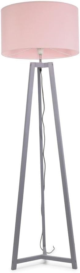 Grey Wooden Tripod Floor Lamp Blush Pink Drum Shade LED Light