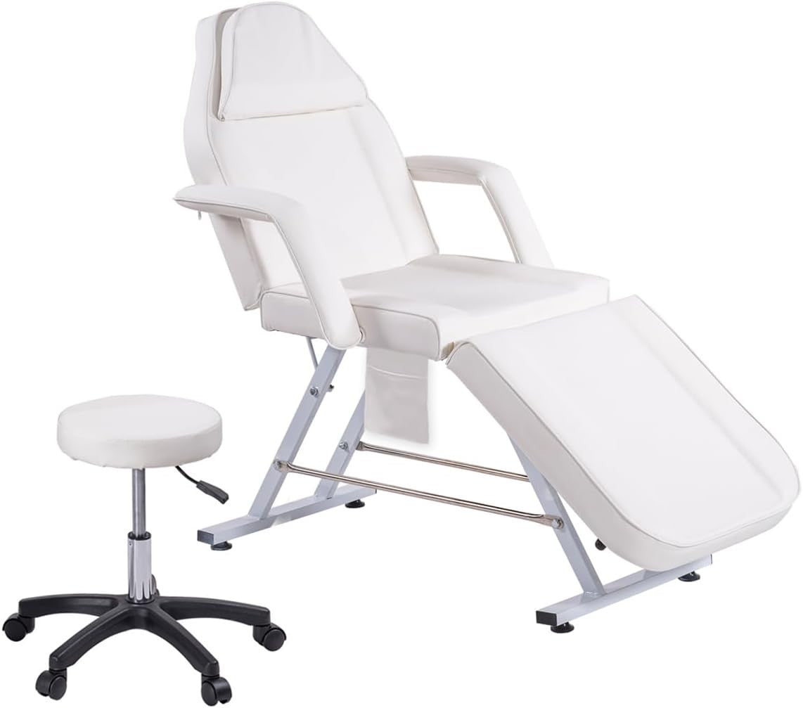 3-Section Beauty Massage Bed Adjustable Therapy Chair w/ Stool & Sheets White