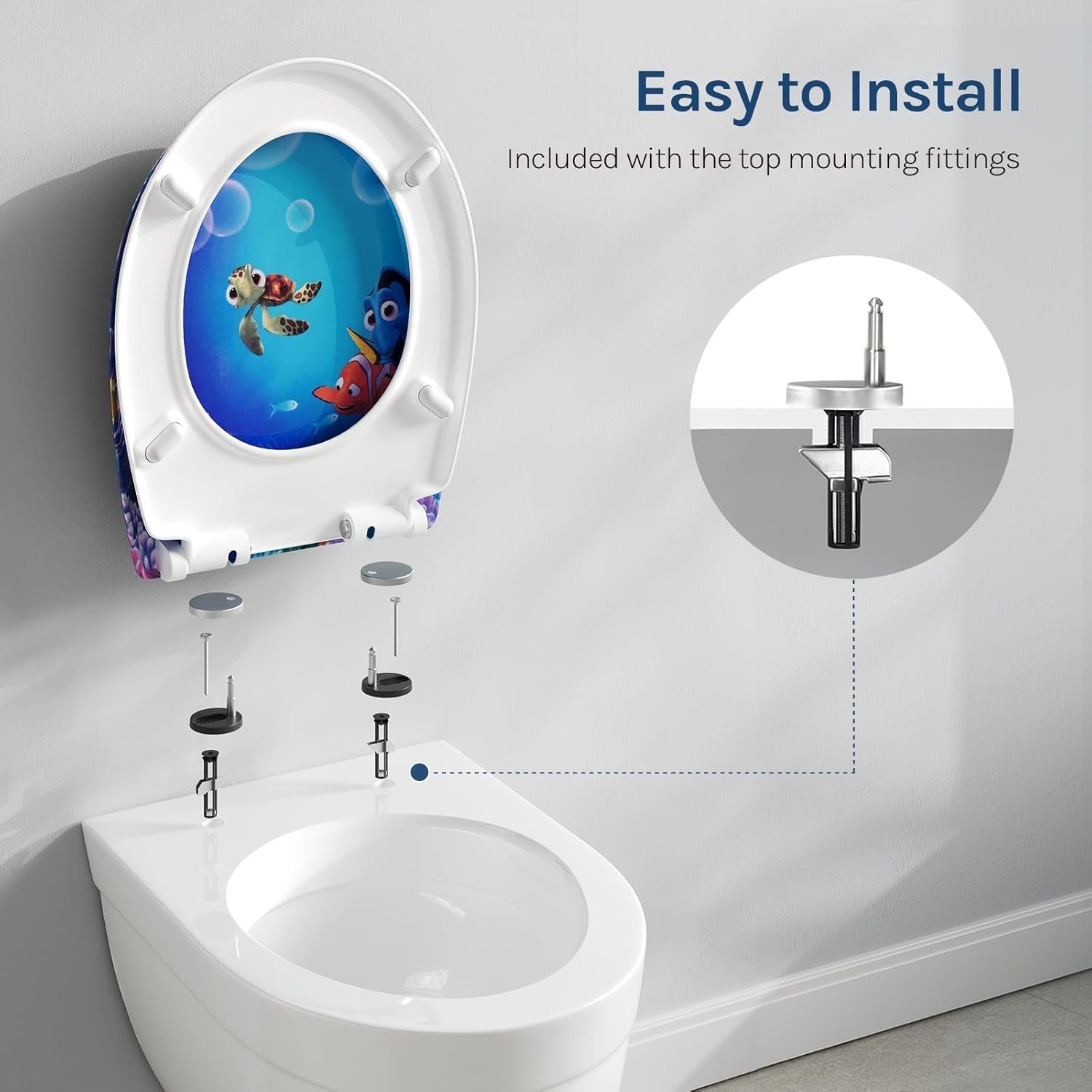 Soft Close Toilet Seat Quick Release O-Shape Duroplast Ocean Fish 45x37cm