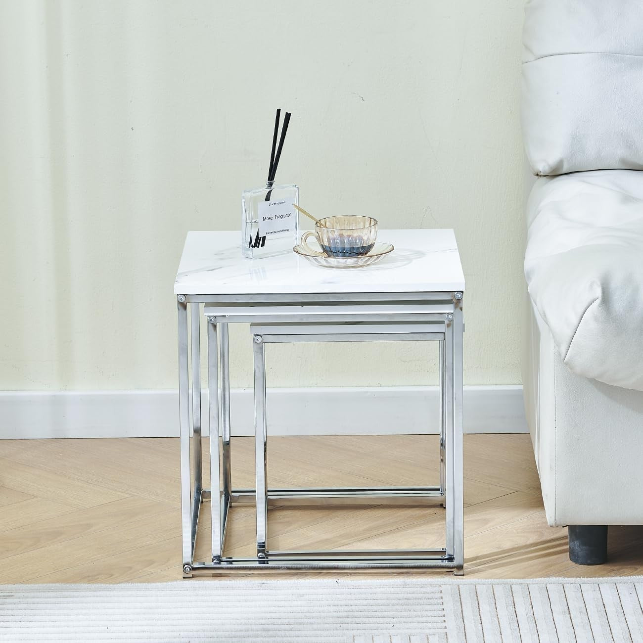 Set of 3 Nesting Coffee Side Tables White Marble End Storage Space Saver