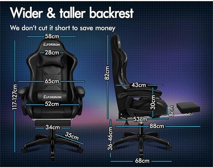 ELFORDSON Gaming Chair w/ 2-Point Massage Lumbar Black