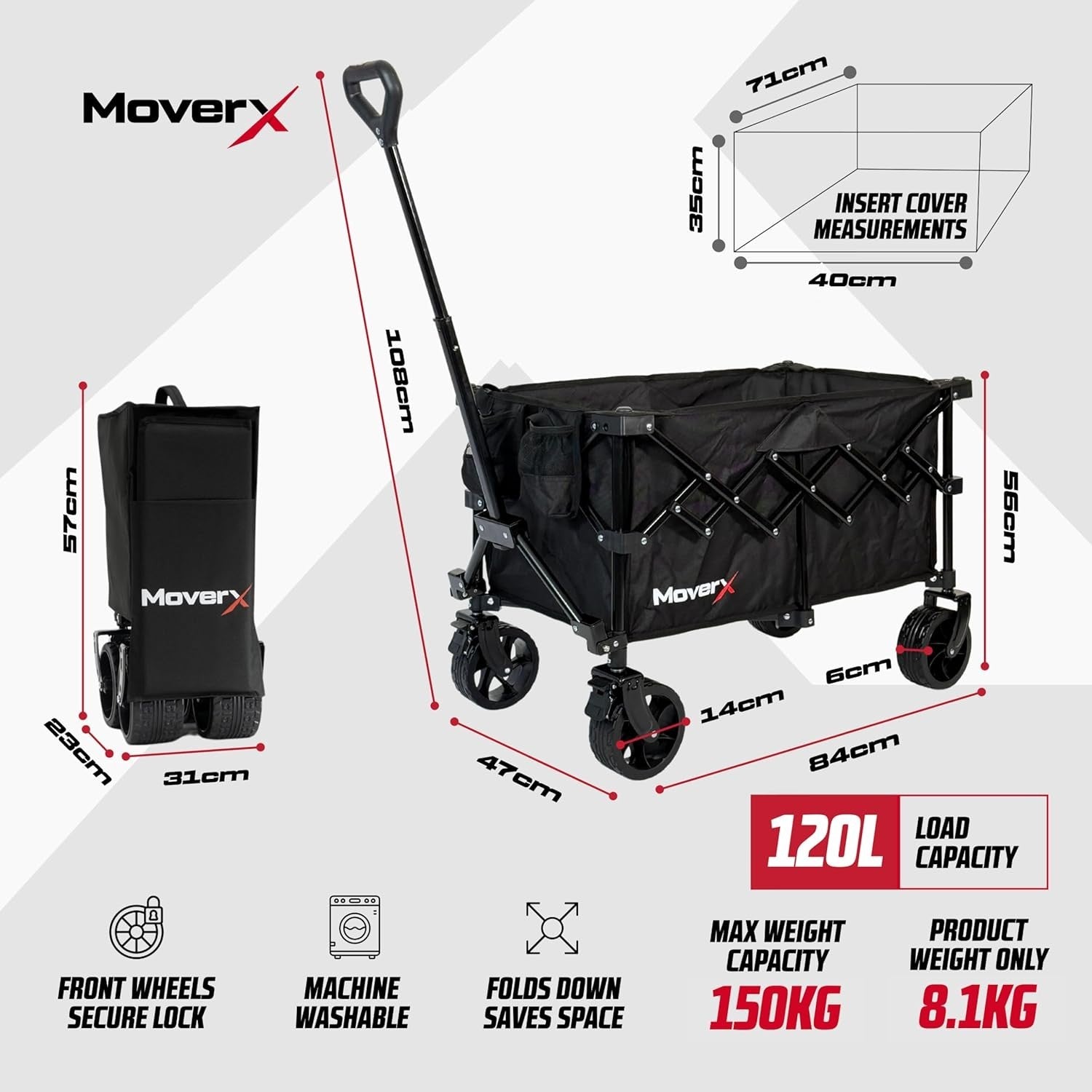 Black 120L Folding Camping Wagon Wide Wheel Festival Trolley Adjustable Handle