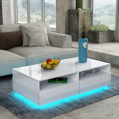 White Gloss Coffee Table with 4 Drawers & LED Lights Modern 85x55x35cm
