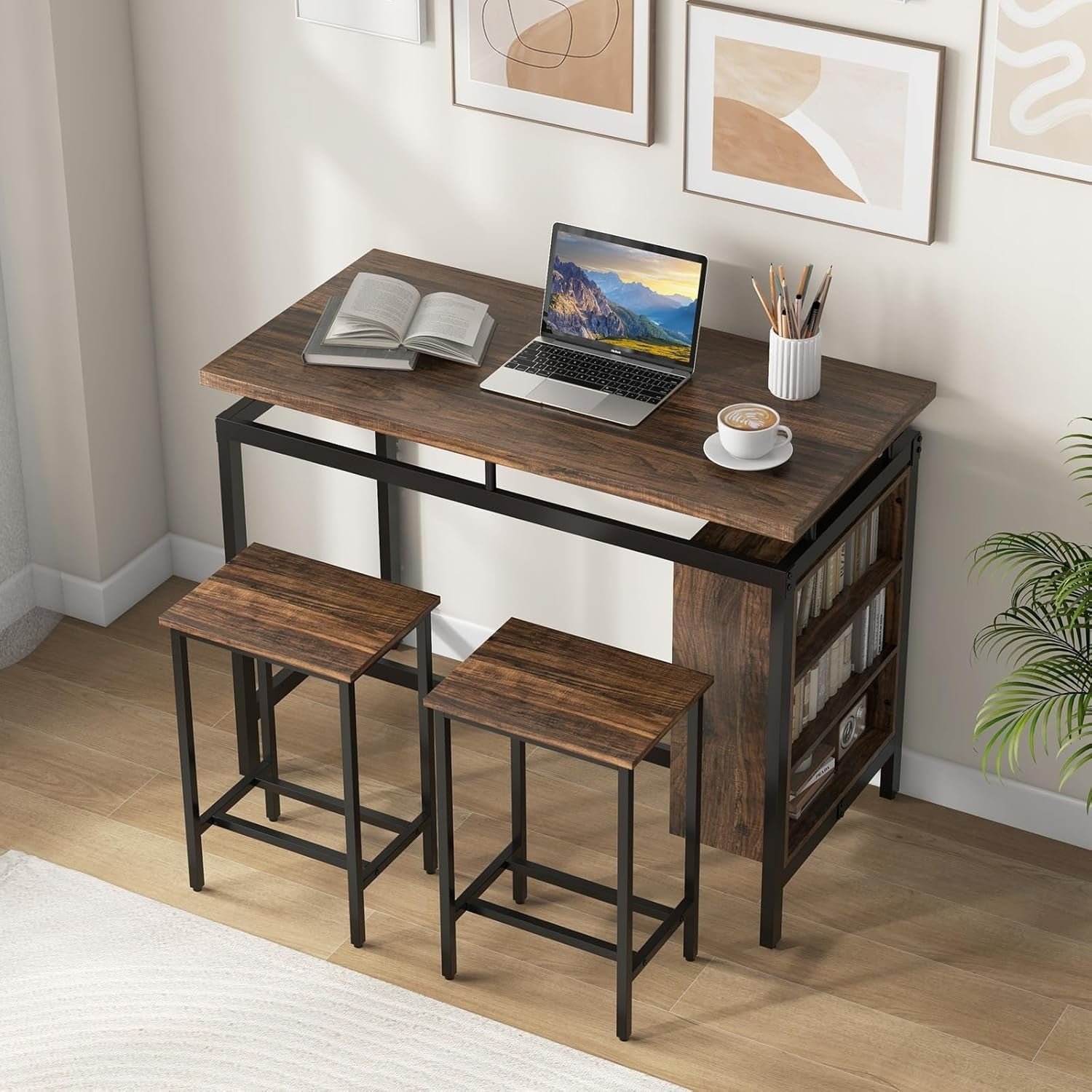 3 Piece Bar Table with Shelves & 2 Stools Space Saving Breakfast Dining Set Home