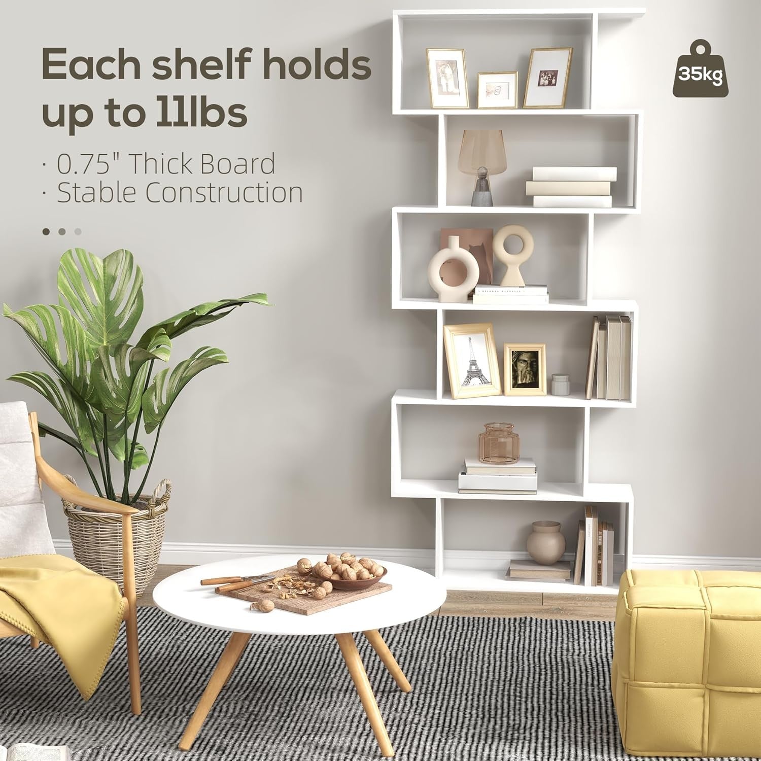 White S-Shape 6-Tier Bookcase Modern Display Shelf Room Divider Storage Unit