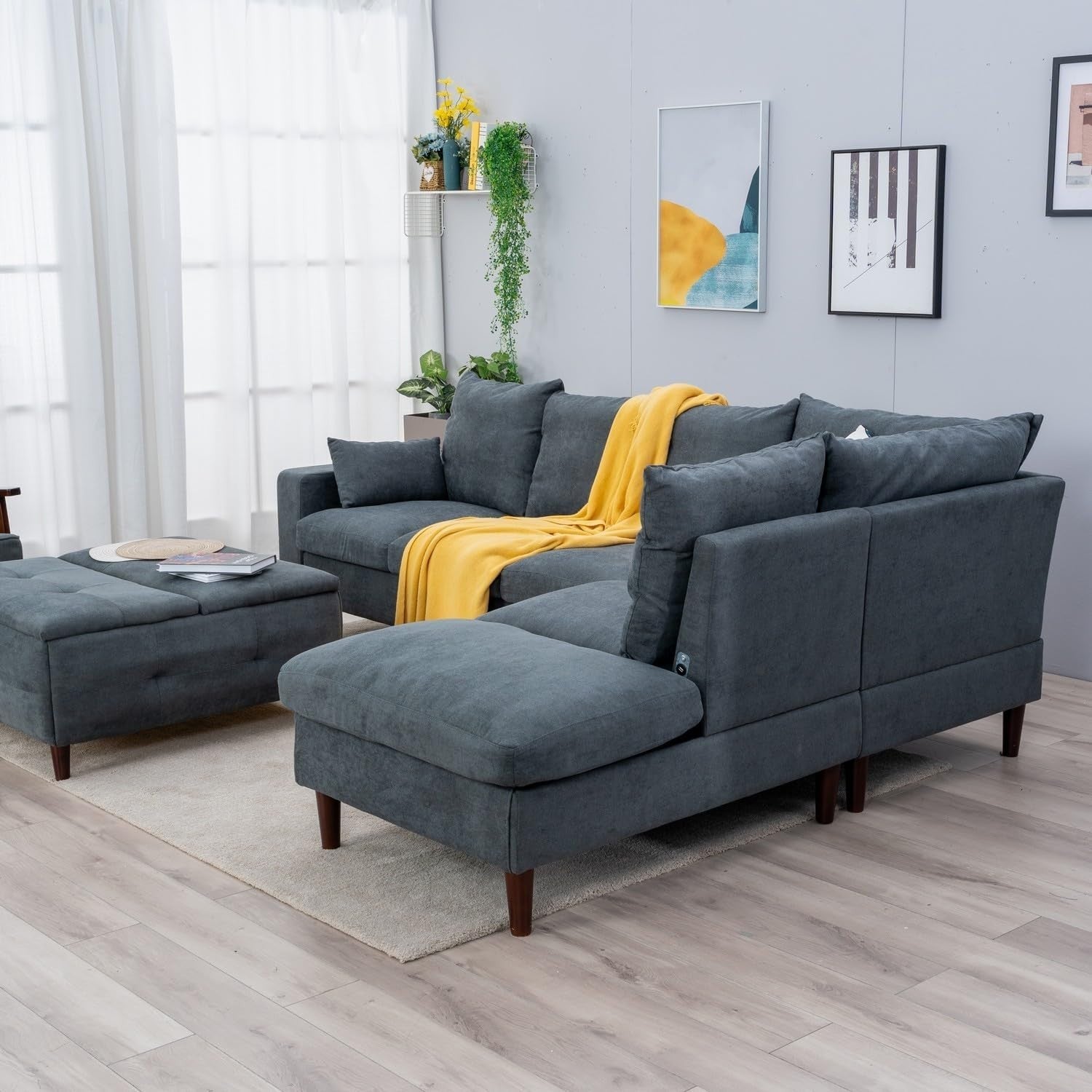 6 Seater Corner Sofa with Chaise Grey Linen L Shape USB Charging Modern Couch