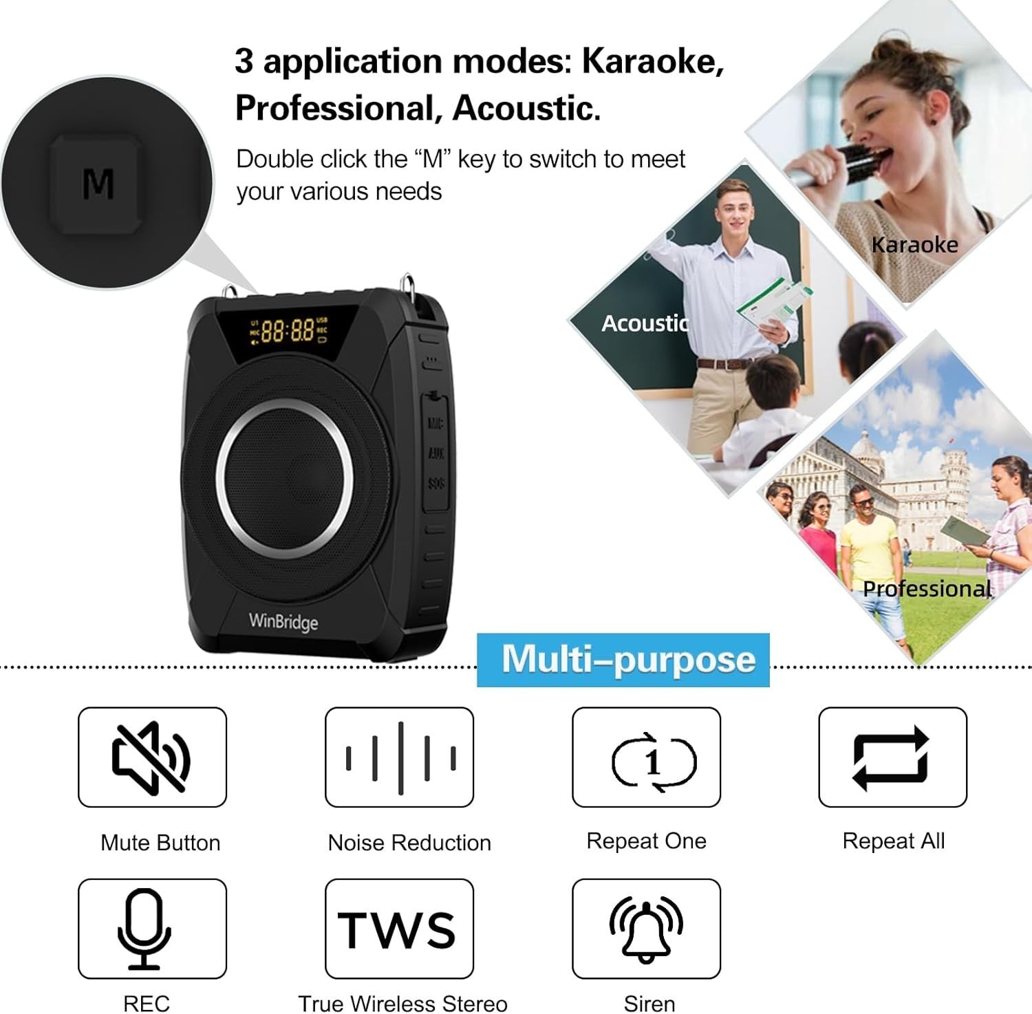 20W Bluetooth 5.0 Voice Amplifier Wireless Mic IPX6 15H PA
