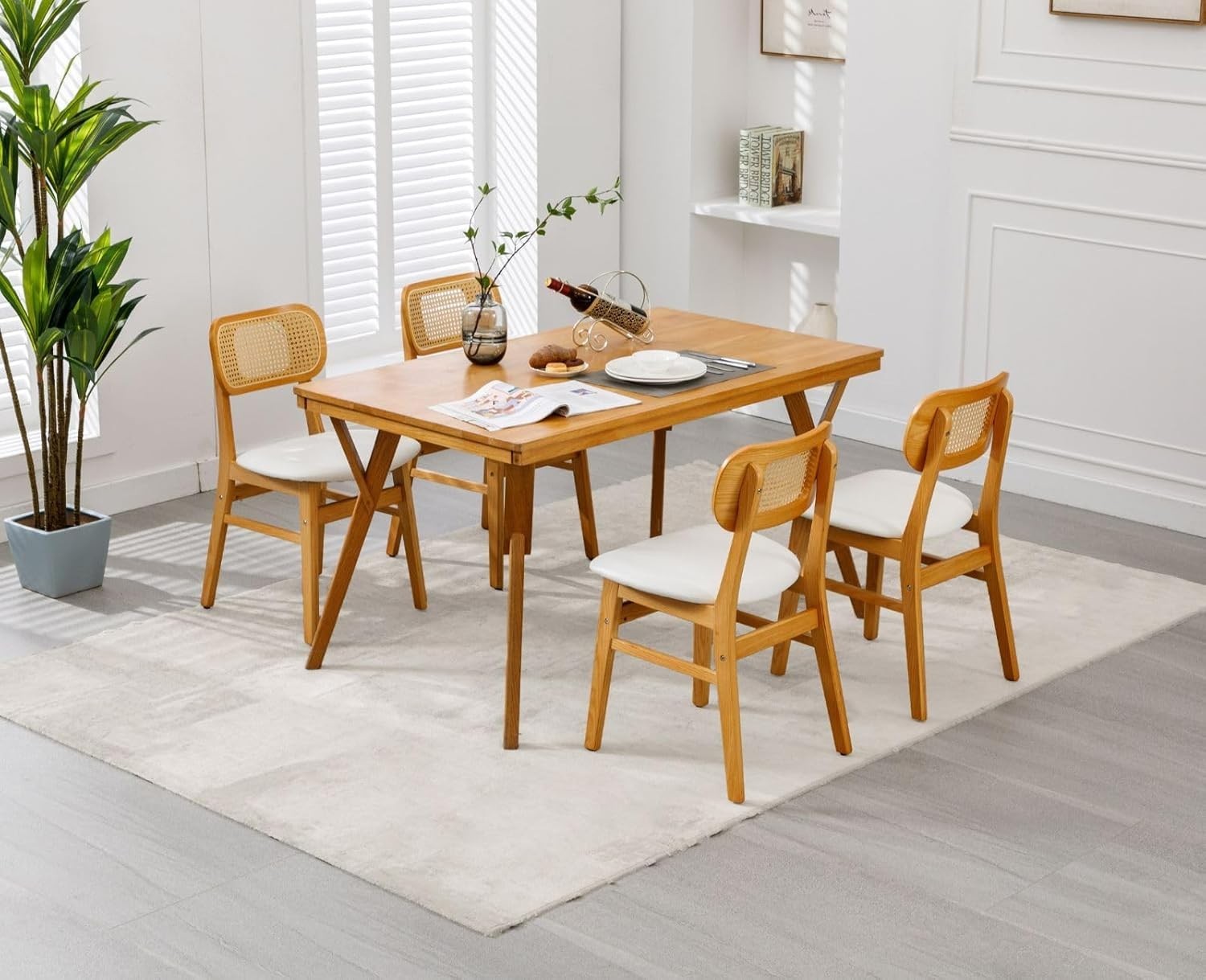 White Rattan Dining Chairs Set of 4 Upholstered Wooden Kitchen Chairs