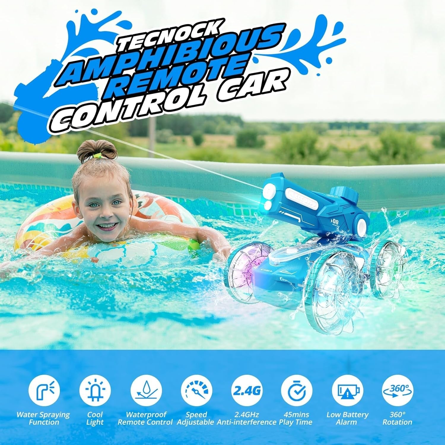 Amphibious RC Car Boat 4WD – 360° Stunt Water Spray Toy with LED Lights