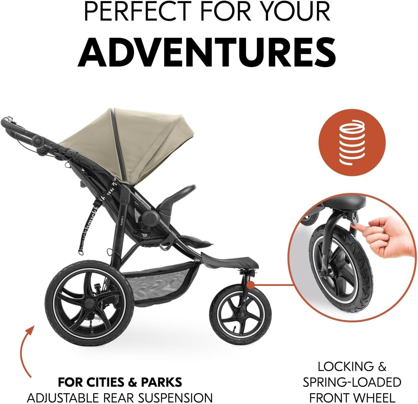 All Terrain Pushchair 3 Wheeler Air Tyre Stroller Handbrake Reclining Olive