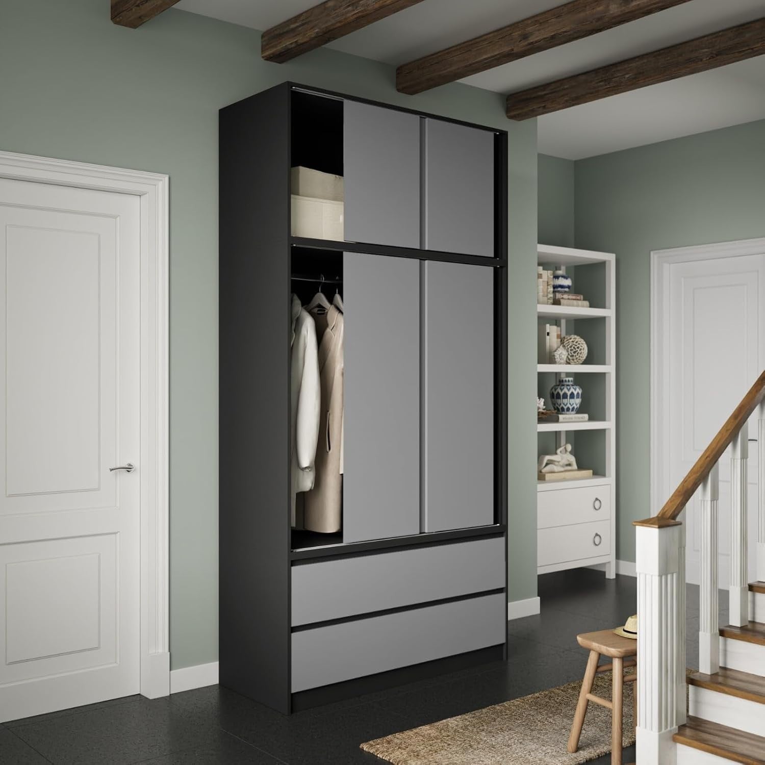 Grey Sliding Door Wardrobe 6 Doors 4 Drawers 240cm Modern Closet Storage