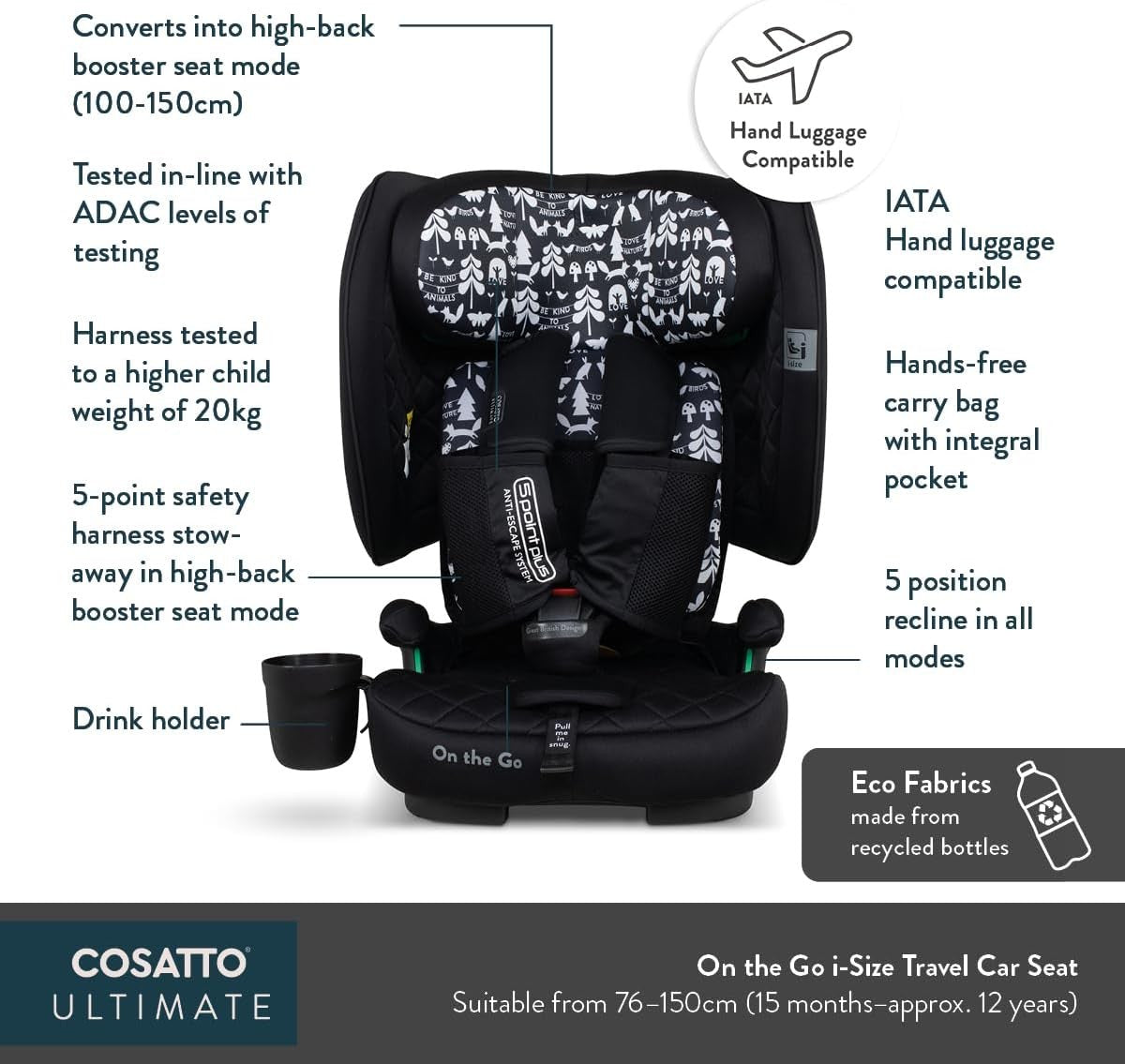 Foldable ISOFIX Child Seat 76–150cm Portable Travel Lightweight