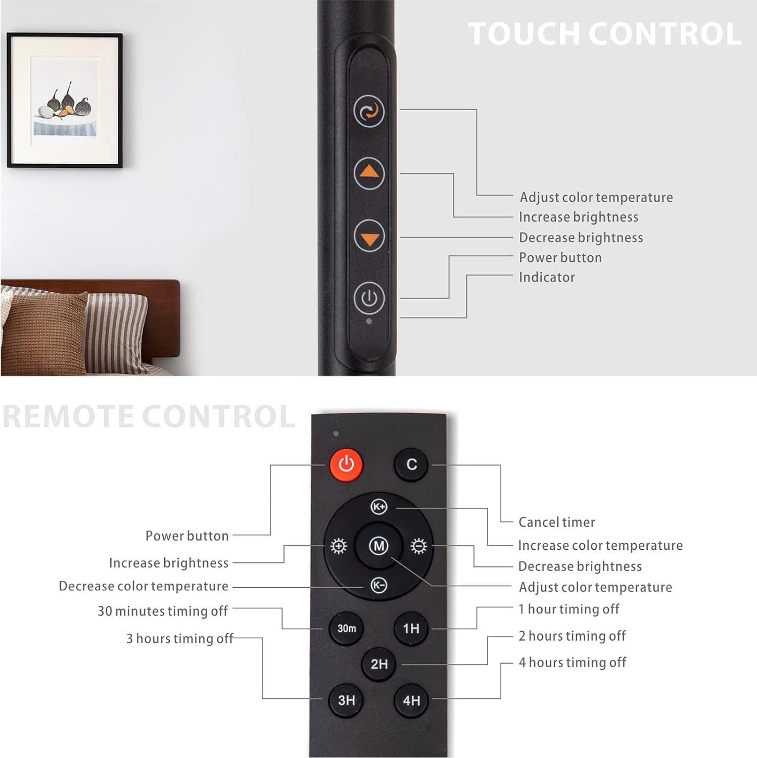 Super Bright LED Floor Lamp Remote Dimmable Touch Control Reading Light