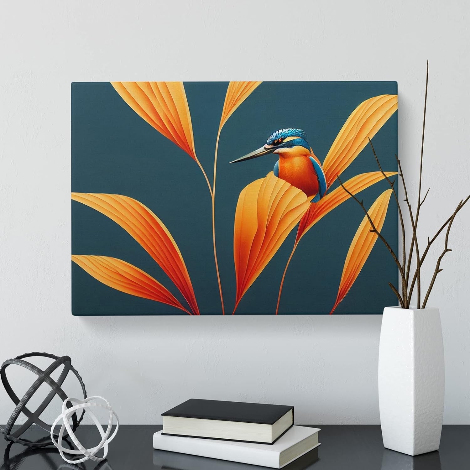 Modern 20×14″ Teal Orange Blue Kingfisher Art Deco Canvas Wall Art
