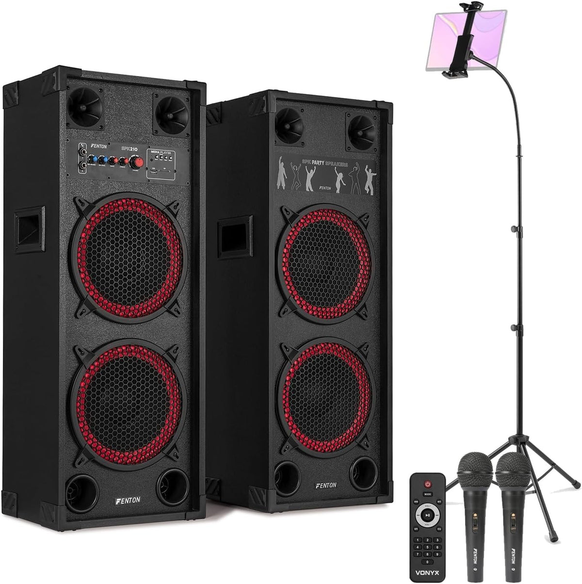 Dual 10" Karaoke Speaker Set Bluetooth Party System 2 Mics
