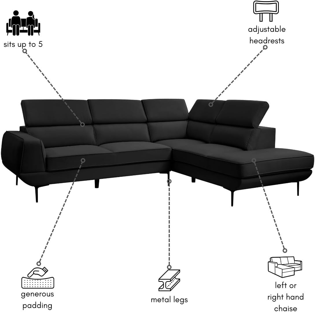 5 Seater L-Shaped Velvet Sofa in Black with Adjustable Headrests & Metal Legs