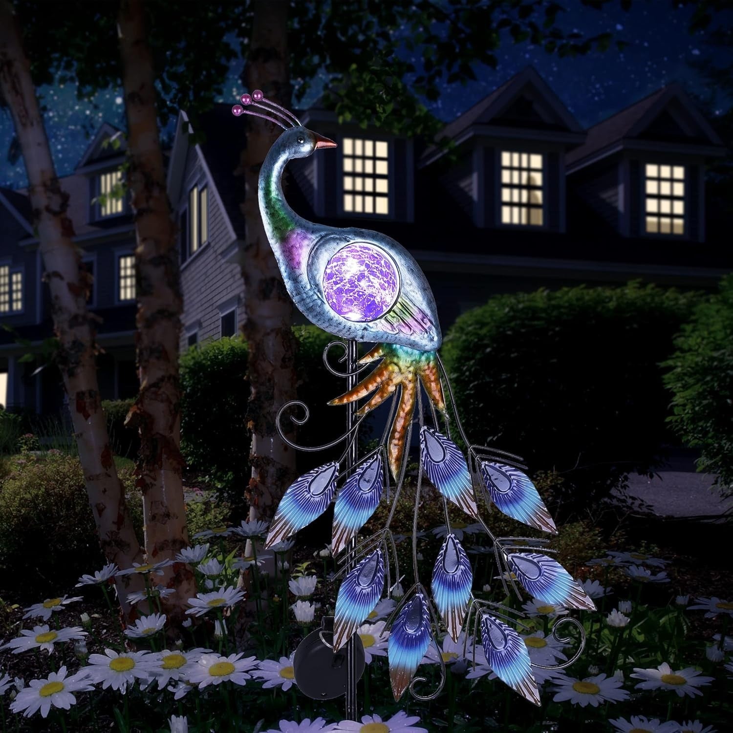 Solar Peacock Garden Ornament 61cm | Metal Crackle Glass Light Outdoor Yard