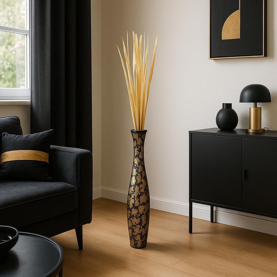 Gold Black Floor Vase 65cm Tall Wooden Decor for Pampas Grass