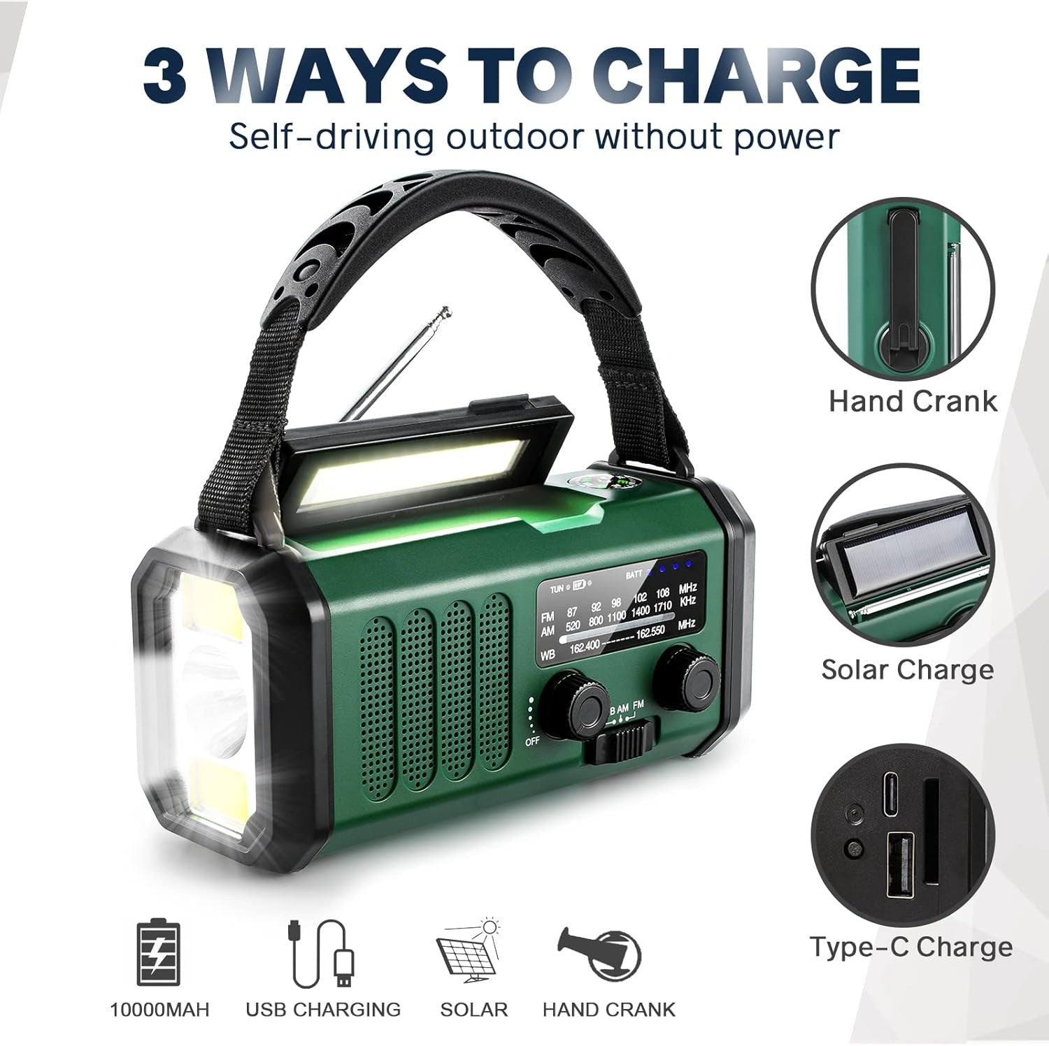 Emergency Crank Radio 10000mAh Solar, USB-C, NOAA, LED Flashlight
