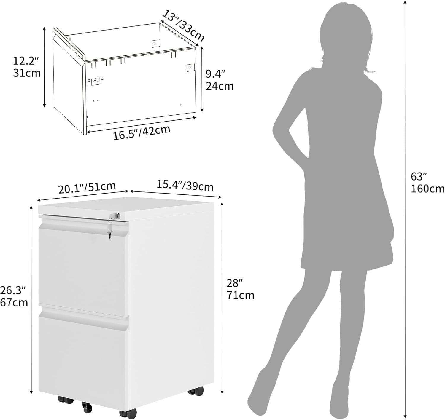 White 2 Drawer Lockable File Cabinet 51x39x71cm Mobile Steel