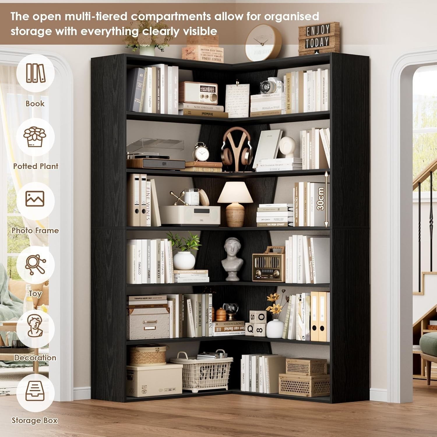 6 Tier White Corner Bookcase L-Shaped Tall Storage Shelf Modern 90x90x190 Black