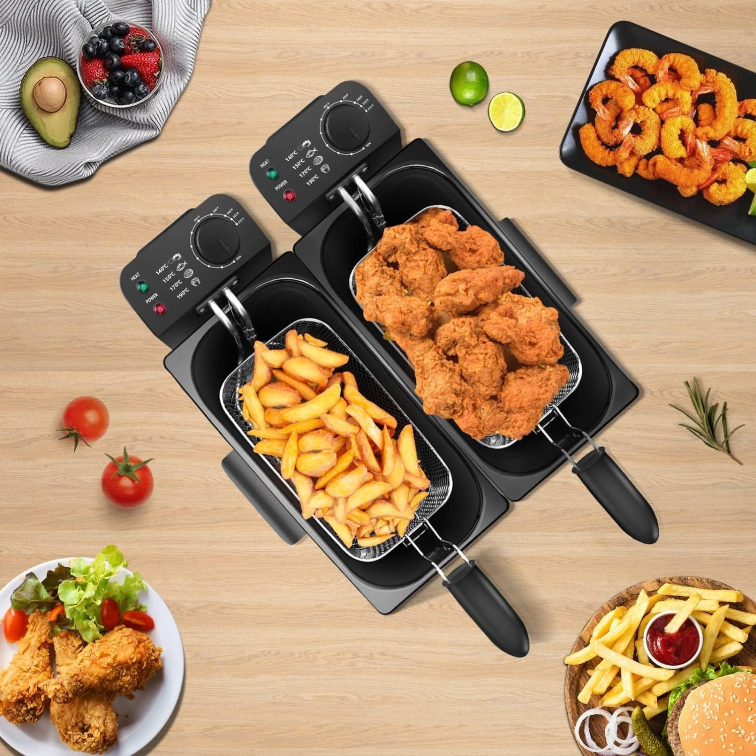 6L Dual Tank Deep Fat Fryer Stainless Steel Adjustable Temp Viewing Window