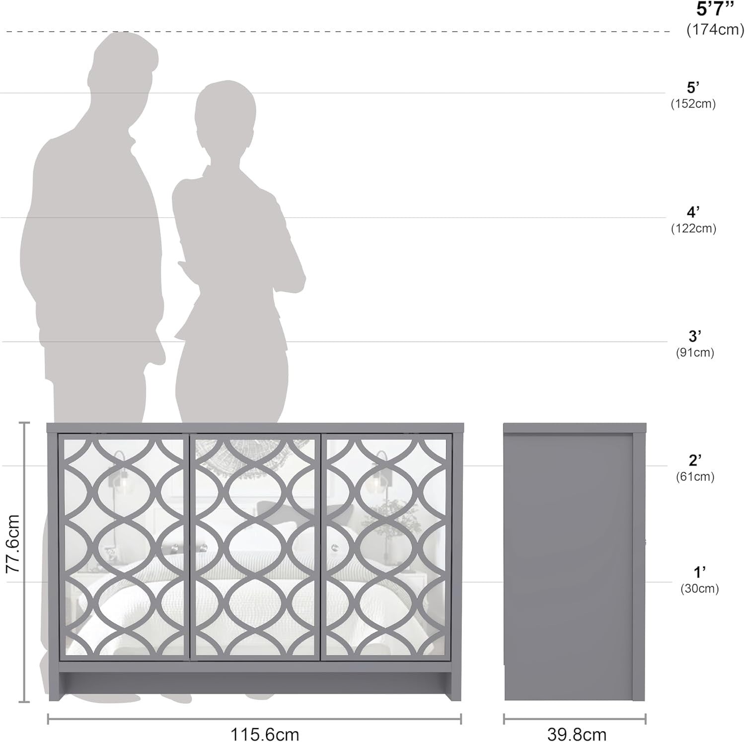 Grey Mirrored Sideboard Cabinet 3 Door Storage Unit for Hall or Lounge