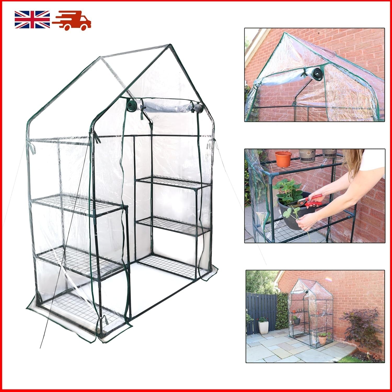 Walk-In Greenhouse with 3 Shelves | Heavy Duty Steel Frame & Clear PVC Cover