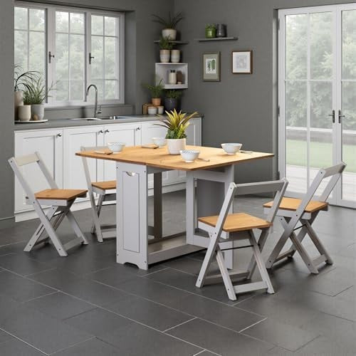 Grey Distressed Waxed Pine Butterfly Dining Set Table + 4 Chairs