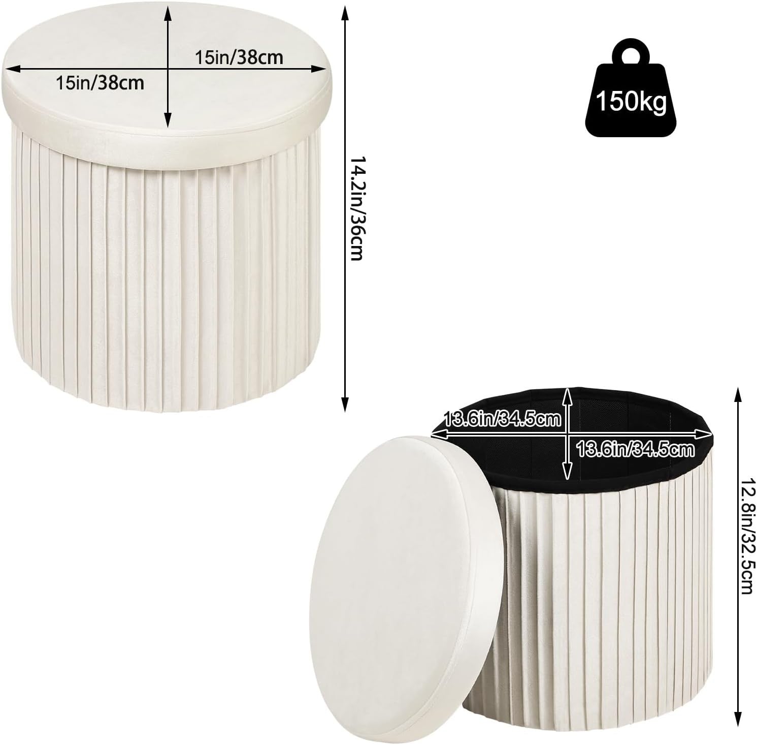 Cream Velvet Round Storage Stool Foldable Ottoman Seat Box with Lid 38cm